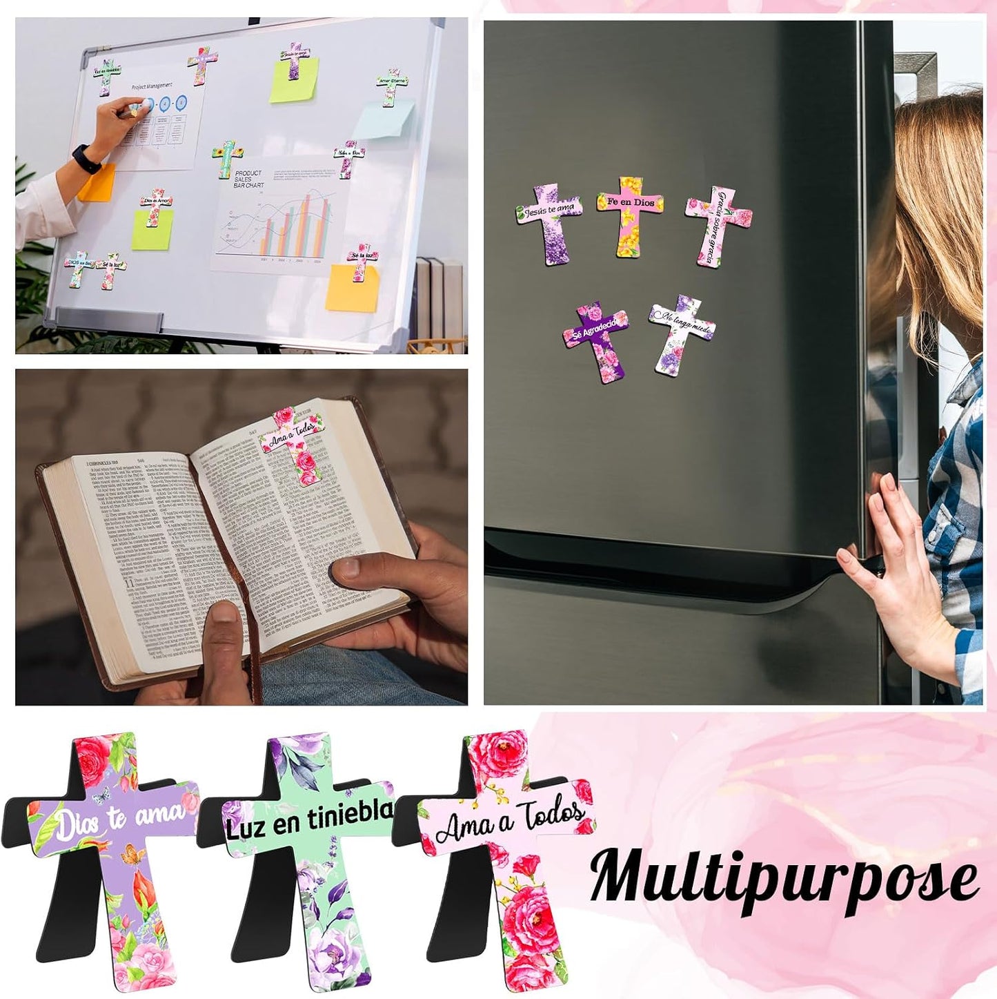 48 Pcs Spanish Magnetic Cross Bookmarks Bible Verse Christian | Floral Cross Design with Scripture, Church Study Devotion Gift, Bulk Set for Women Mothers, Bible Page Markers