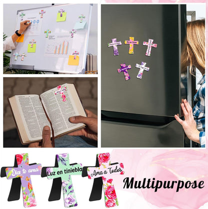 48 Pcs Spanish Magnetic Cross Bookmarks Bible Verse Christian | Floral Cross Design with Scripture, Church Study Devotion Gift, Bulk Set for Women Mothers, Bible Page Markers