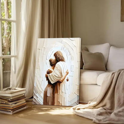 Jesus Hugging Woman Canvas Wall Art God & Girl Wall Decor Safe in His Arms Pictures Modern Christian Healing Embrace Mormon Prints Posters Artwork for Living & Prayer Room Bedroom Decor 24X36In Canvas