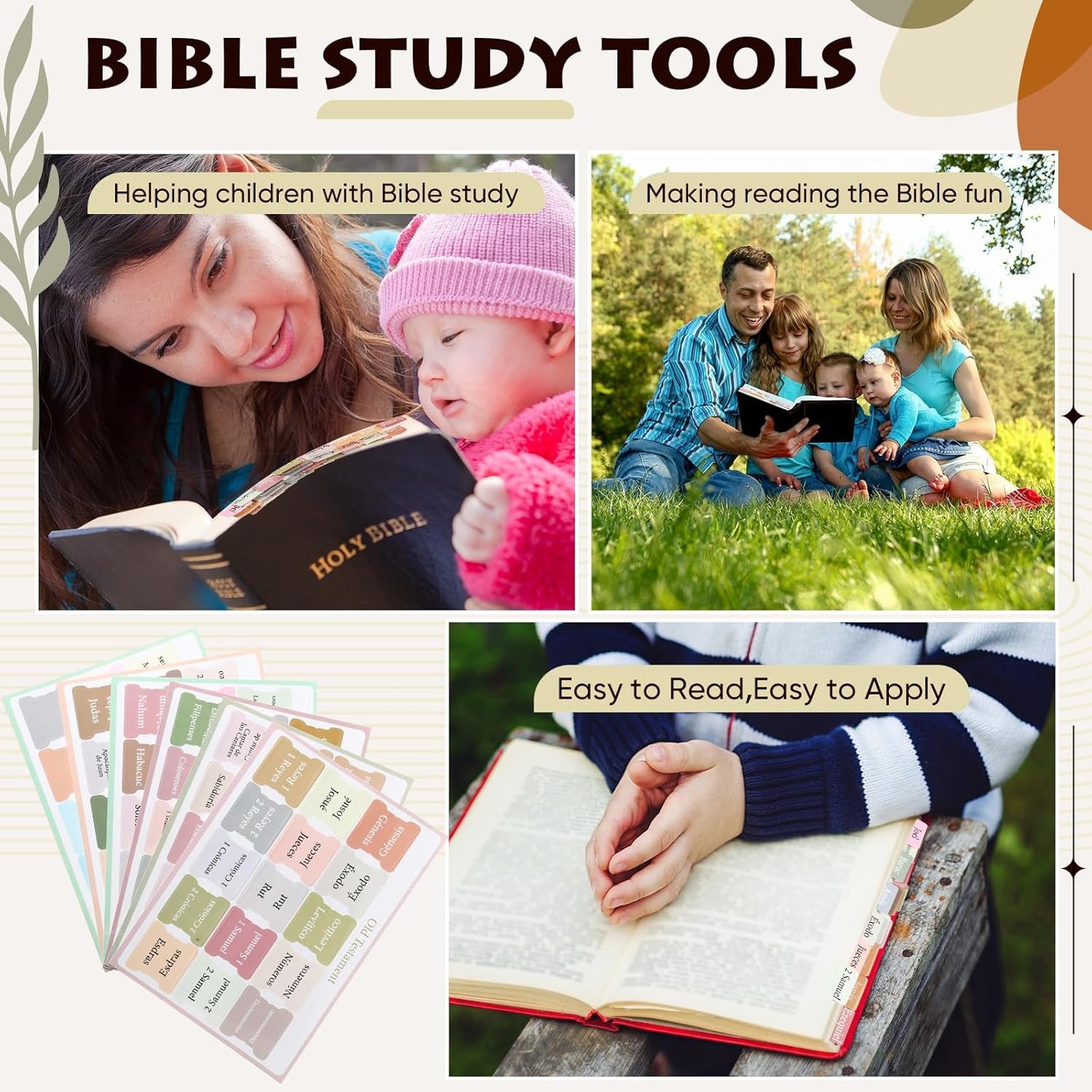 90 Pcs  Pestanas Para Biblia En Espanol Spanish Bible Tabs Earth Tone Bible Book Tabs Catholic for Women and Men Easy to Read Apply