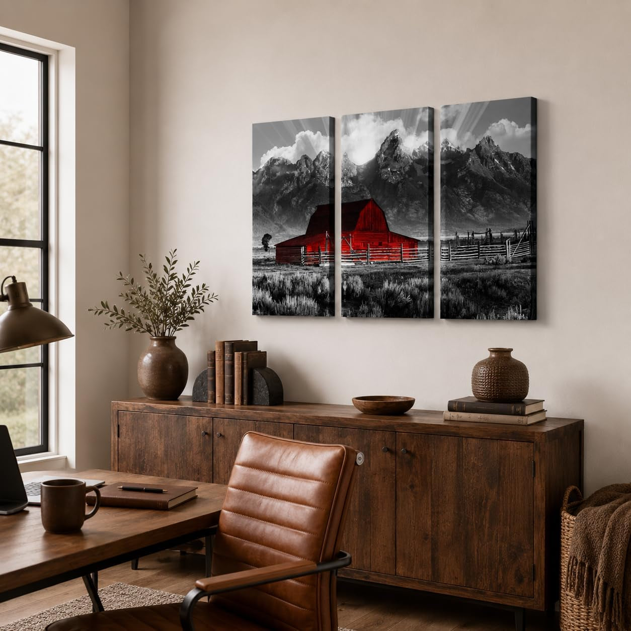 Grand Teton Pictures Wyoming Landscape Paintings Black and White Moulton Barn Wall Art National Park Canvas Artwork for Living Room Farmhouse Decor FRAMED 16''X32''X3Pcs