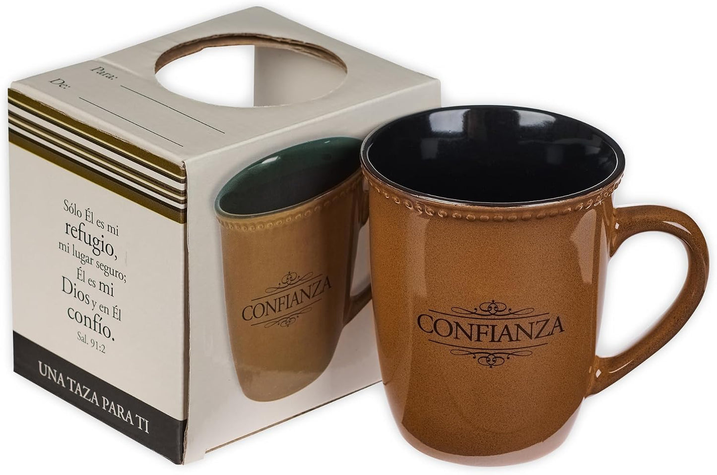 Taza De Gres Para Café Y Té 14 Oz Inspirational Escritura Taza Para Hombre Y Mujer: Confianza - Salmo 91:2 Microondas Y Lavavajillas Novedad Vajilla, Bronceado Oscuro
