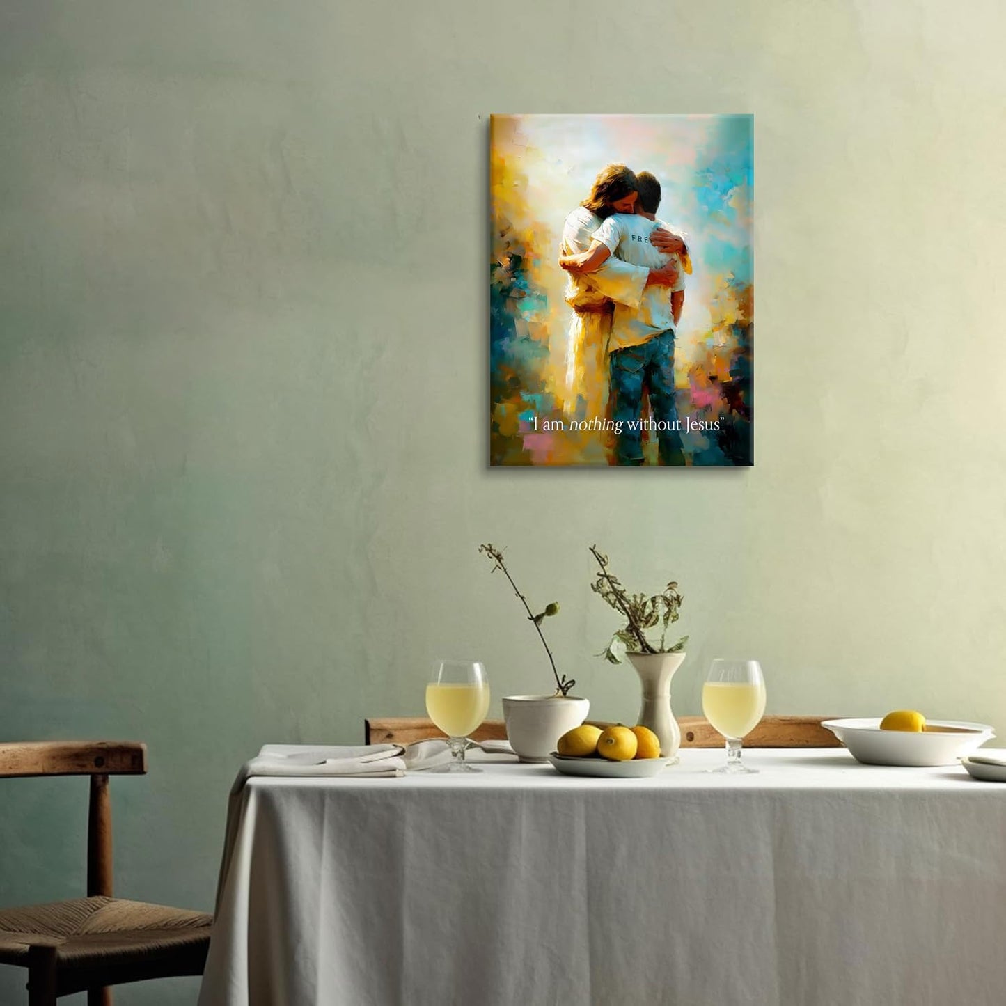 Jesus Hugging Man Wall Art God and Men Wall Decor I Am Nothing without Jesus Canvas Pictures Modern Christian Healing Embrace Mormon Prints Posters for Living Room Bedroom Church Decor 8X10In Canvas