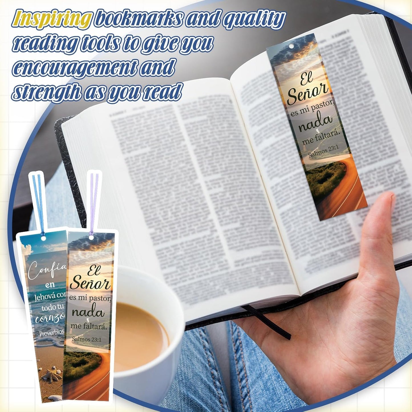 120 Pcs Spanish Bible Verse Bookmarks Christian Separadores De Biblia En Español Landscape Spanish Religious Inspirational Bookmarks with Rope for Book Lover Church Prayer Religious Gift