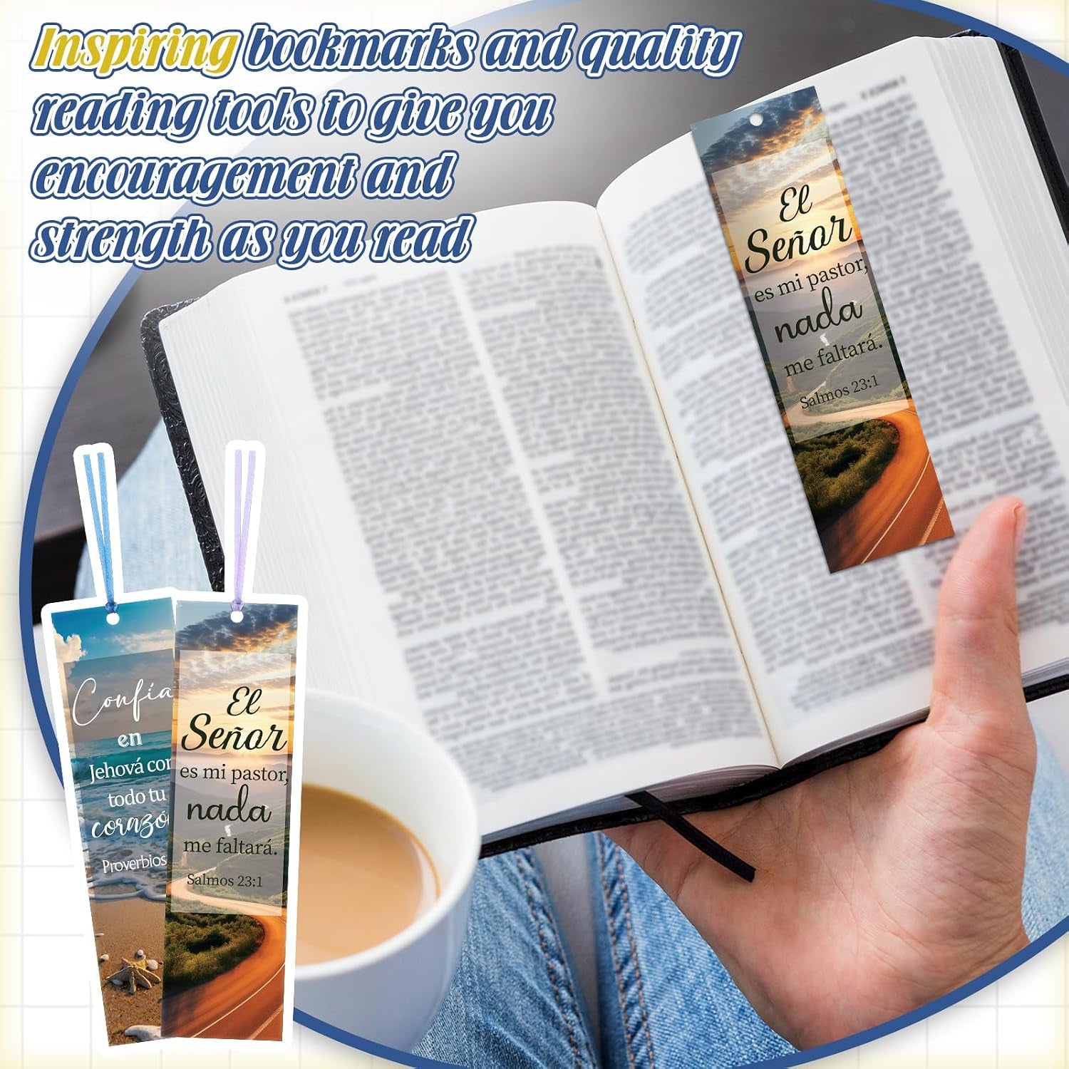 120 Pcs Spanish Bible Verse Bookmarks Christian Separadores De Biblia En Español Landscape Spanish Religious Inspirational Bookmarks with Rope for Book Lover Church Prayer Religious Gift