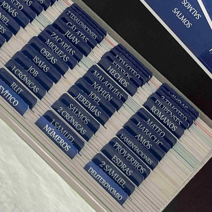 Spanish Laminated Bible Tabs, Pestañas Para Biblia En Español, Reposition Large Print Stickers, Easy to Read and Apply Bible Tabs for Women and Man (Spanish Blue)