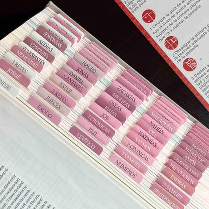 Spanish Laminated Bible Tabs, Pestañas Para Biblia En Español, Reposition Large Print Stickers, Easy to Read and Apply Bible Tabs for Women and Man (Spanish Pink)