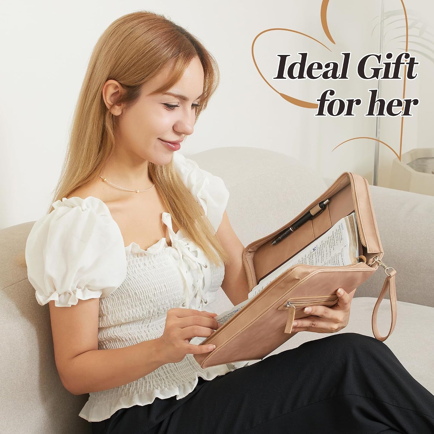 Leather Bible Cover for Women, Floral Bible Case with Handle, Light Brown | Bible Study, Church, Journaling & Travel