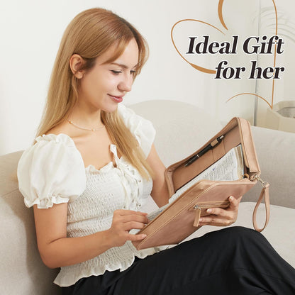 Leather Bible Cover for Women, Floral Bible Case with Handle, Light Brown | Bible Study, Church, Journaling & Travel