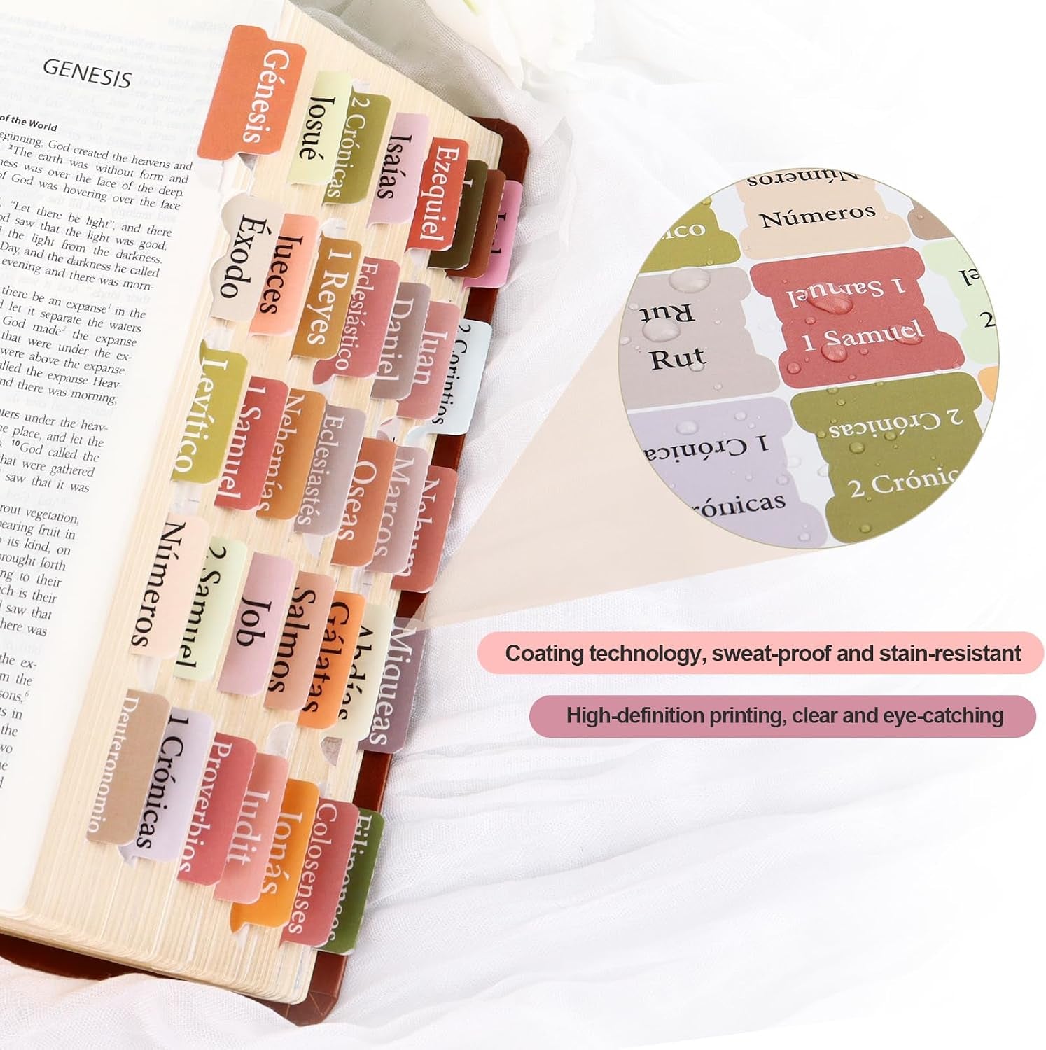 90Pcs Spanish Bible Tabs for Women, Bohemian Laminated Index Tabs for Bible | Spanish Ed., 66 Books + 24 Blank, for NIV/KJV/ESV, Water & Stain Resistant, Dual-Sided & Quick-Find, Placement Guide Included
