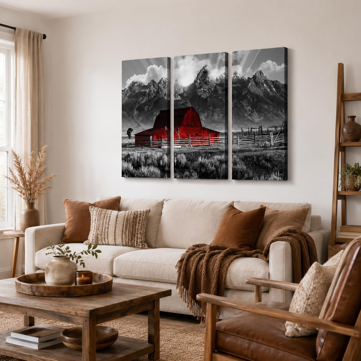Grand Teton Pictures Wyoming Landscape Paintings Black and White Moulton Barn Wall Art National Park Canvas Artwork for Living Room Farmhouse Decor FRAMED 16''X32''X3Pcs