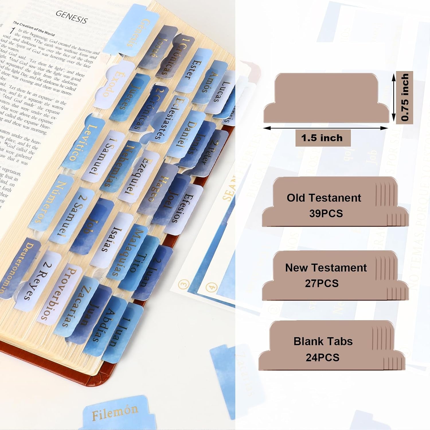 Blue Spanish Bible Tabs for Men, Laminated Tab Dividers for Bible, 90Pcs | Spanish Ed., 66 Books + 24 Blank, for NIV/KJV/ESV, Dual-Sided Gold Print & Quick-Find, Water-Resistant, with Placement Guide