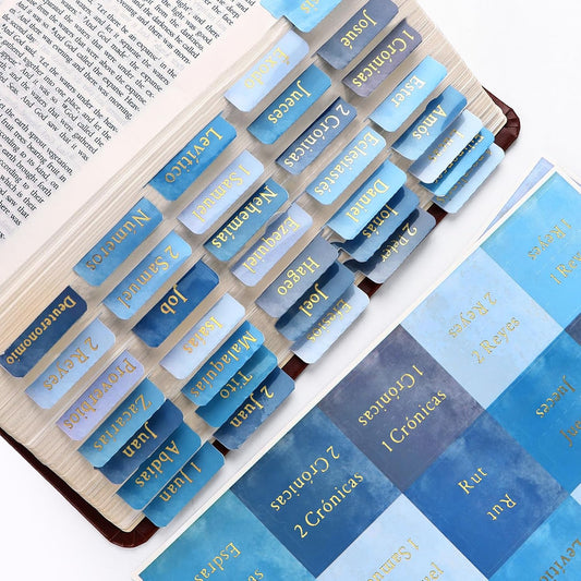 Blue Bible Tabs for Men, Spanish Laminated Index Tabs for Bible Study | Spanish Version, 66 Tags and 24 Blank, Fits NIV/KJV/ESV, Dual-Sided Gold Print & Quick-Find, Water-Resistant, Operating Guide