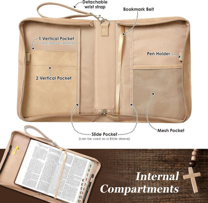 Leather Bible Cover for Women, Floral Bible Case with Handle, Light Brown | Bible Study, Church, Journaling & Travel