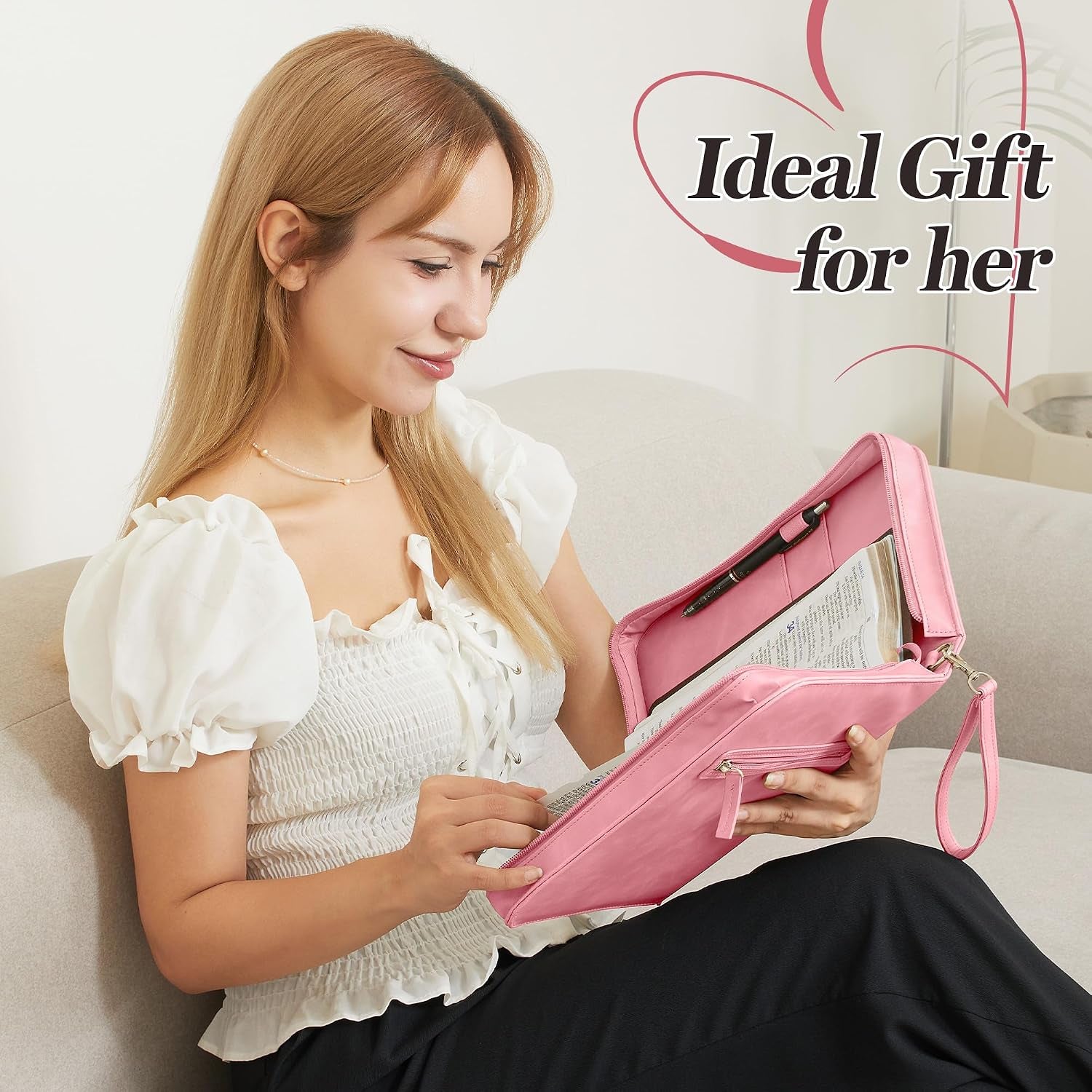 Leather Bible Cover for Women, Zippered Floral Bible Case with Handle, Pink | Bible Study, Church, Journaling & Travel