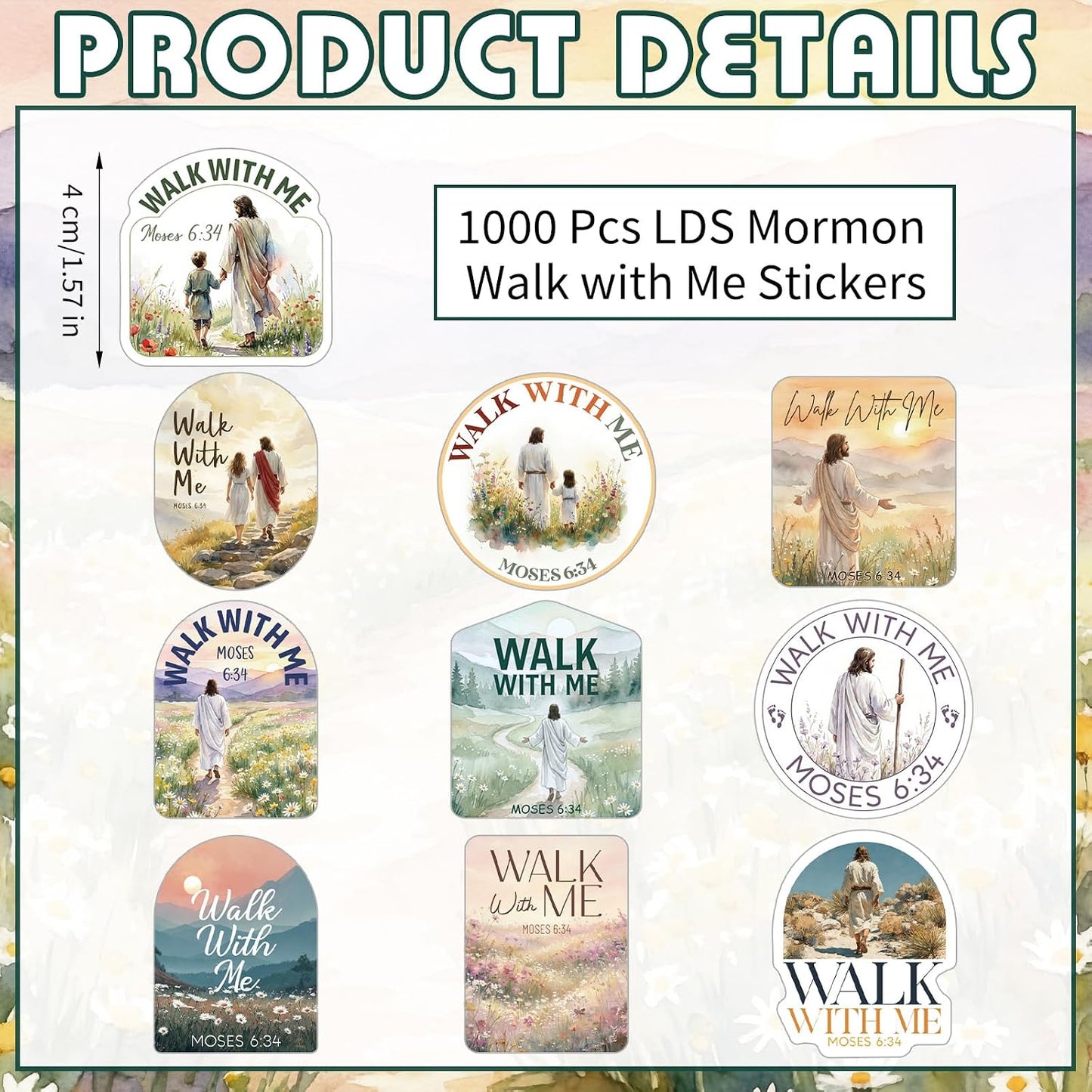 1000Pcs Walk with Me 2026 Mormon Moses 6: 35 Stickers,Floral | Youth Conference Missionary Gift, Waterproof Christian Faith Baptism Gift Decals, Jesus Religious Church Scrapbooking