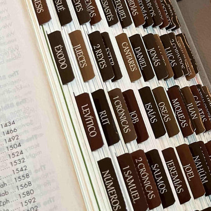 Spanish Laminated Bible Tabs, Pestañas Para Biblia En Español, Reposition Large Print Stickers, Easy to Read and Apply Bible Tabs for Women and Man- Earthy Brown Spanish