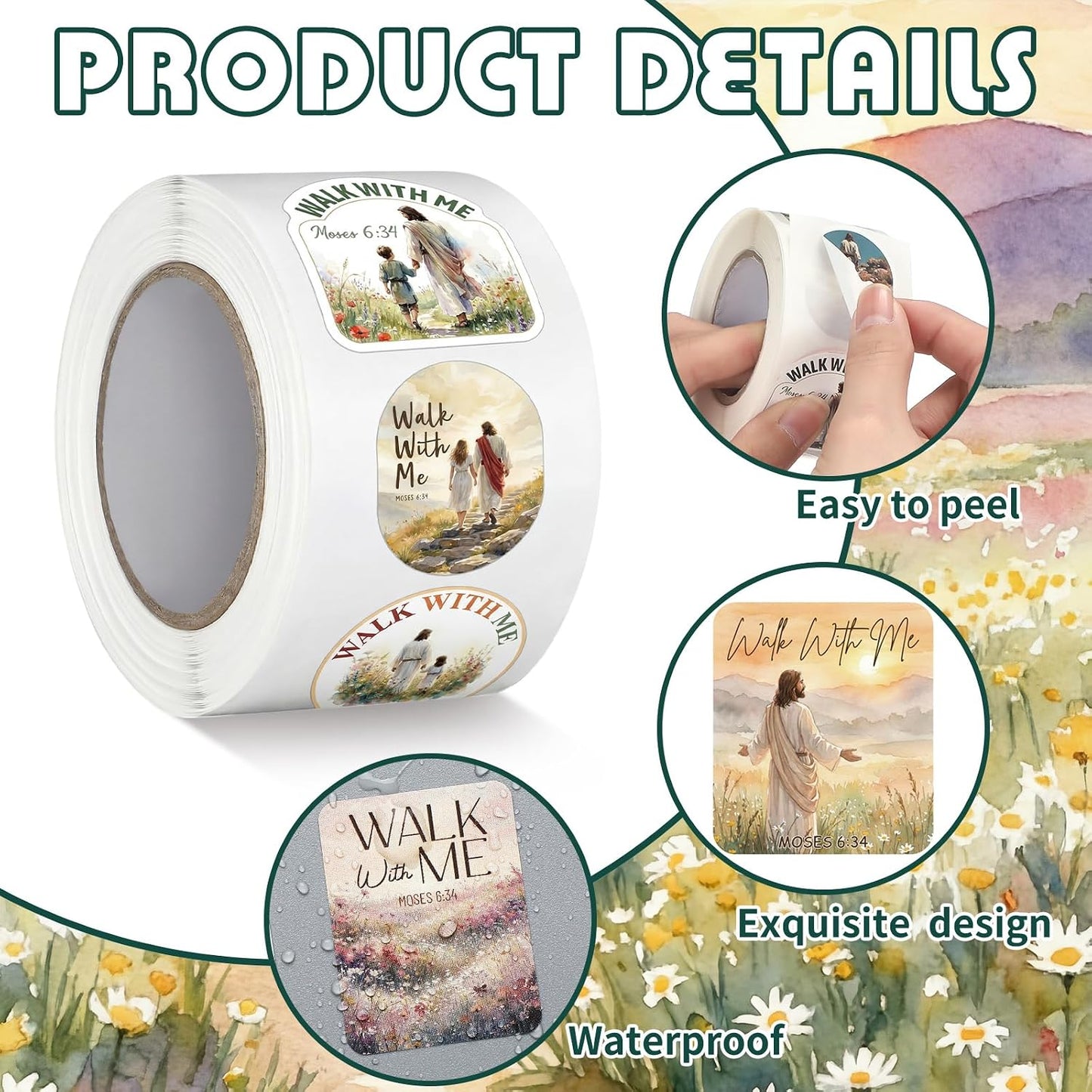 1000Pcs Walk with Me 2026 Mormon Moses 6: 35 Stickers,Floral | Youth Conference Missionary Gift, Waterproof Christian Faith Baptism Gift Decals, Jesus Religious Church Scrapbooking