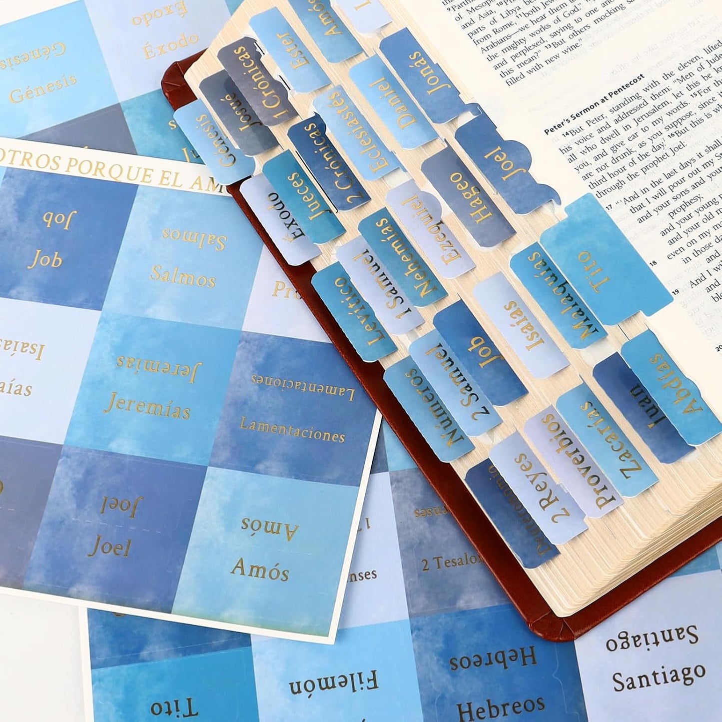 Blue Spanish Bible Tabs for Men, Laminated Tab Dividers for Bible, 90Pcs | Spanish Ed., 66 Books + 24 Blank, for NIV/KJV/ESV, Dual-Sided Gold Print & Quick-Find, Water-Resistant, with Placement Guide