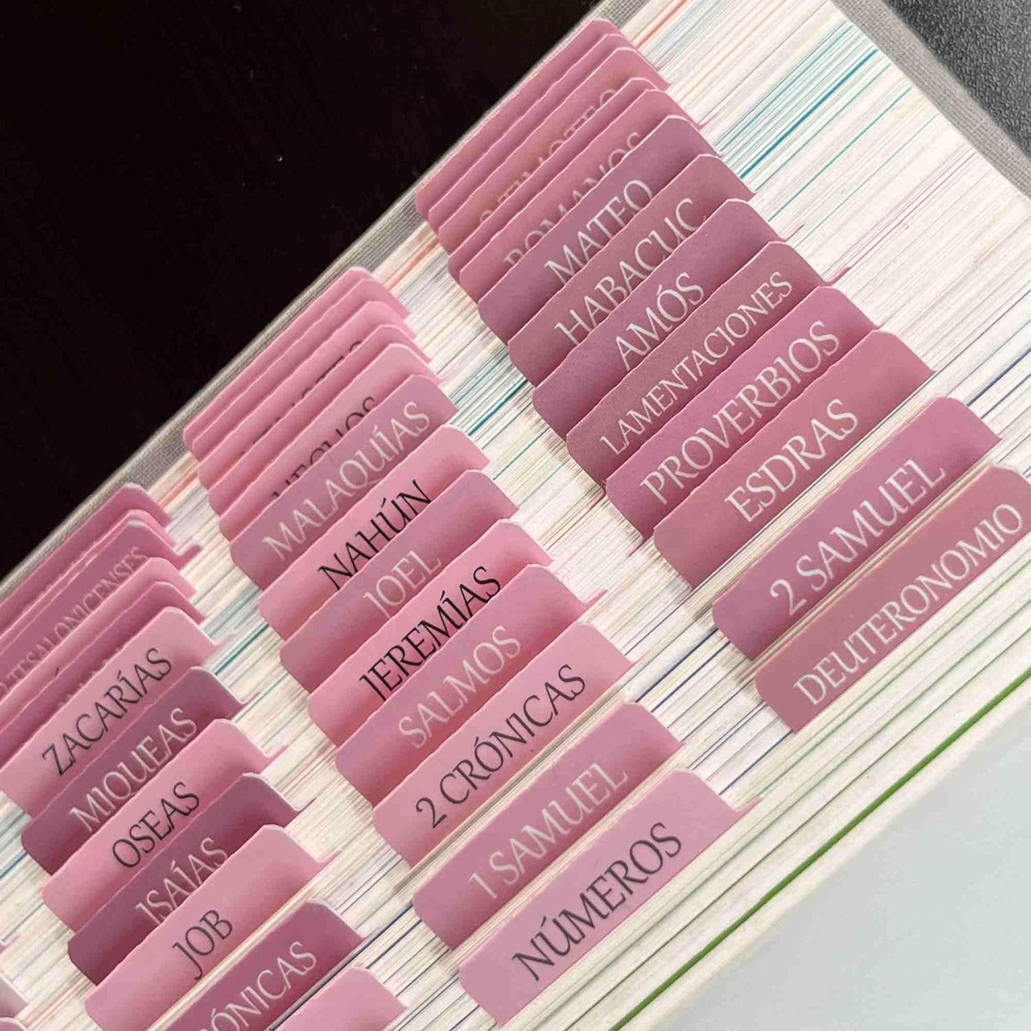 Spanish Laminated Bible Tabs, Pestañas Para Biblia En Español, Reposition Large Print Stickers, Easy to Read and Apply Bible Tabs for Women and Man (Spanish Pink)