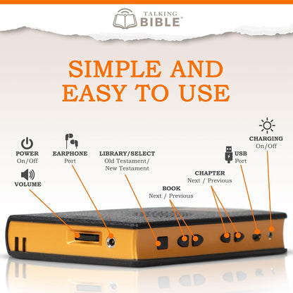 Electronic Holy Bible Audio Player in English for Seniors, Kids and the Blind, Black (Spanish-Rechargeable)