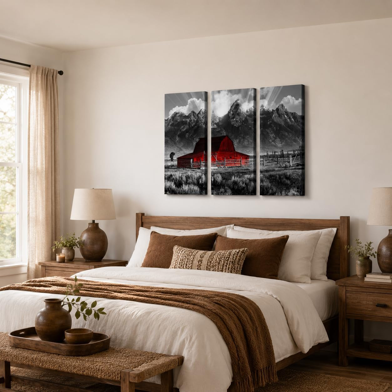 Grand Teton Pictures Wyoming Landscape Paintings Black and White Moulton Barn Wall Art National Park Canvas Artwork for Living Room Farmhouse Decor FRAMED 16''X32''X3Pcs