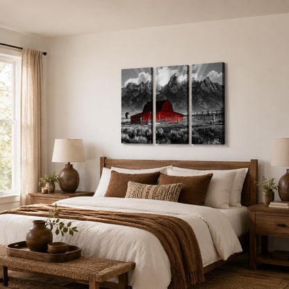 Grand Teton Pictures Wyoming Landscape Paintings Black and White Moulton Barn Wall Art National Park Canvas Artwork for Living Room Farmhouse Decor FRAMED 16''X32''X3Pcs