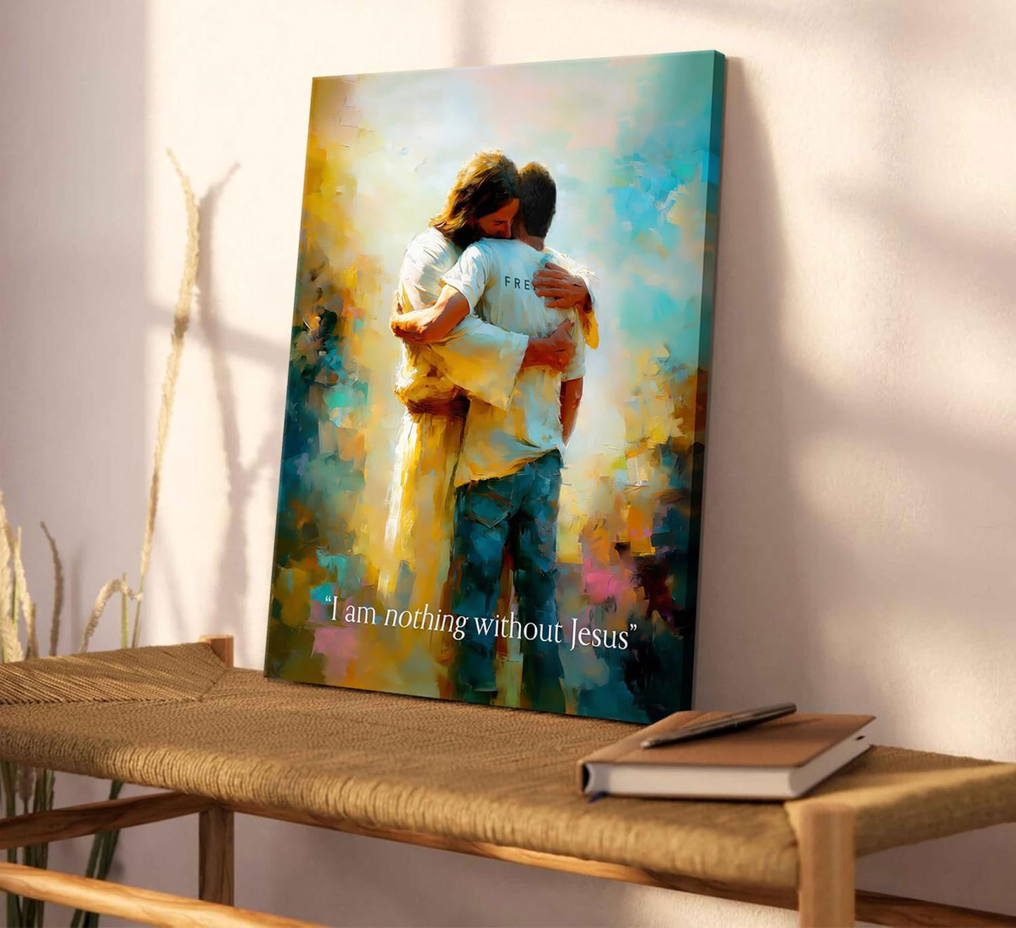 Jesus Hugging Man Wall Art God and Men Wall Decor I Am Nothing without Jesus Canvas Pictures Modern Christian Healing Embrace Mormon Prints Posters for Living Room Bedroom Church Decor 8X10In Canvas