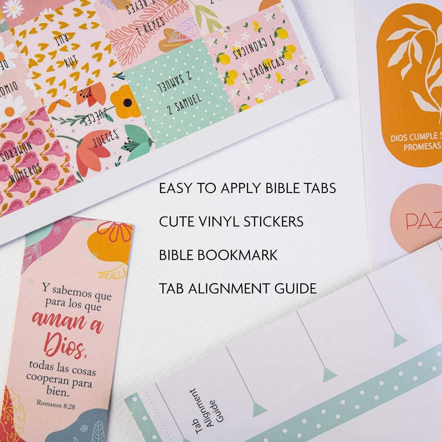 Spanish Bible Tabs (Large Print, Easy to Read), Pestañas Para Biblia En Español, Bible Journaling Supplies, 66 Separadores De Biblia Includes Catholic Books and 9 Blank Tabs - Alegria Theme