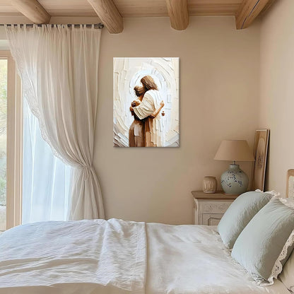 Jesus Hugging Woman Canvas Wall Art God & Girl Wall Decor Safe in His Arms Pictures Modern Christian Healing Embrace Mormon Prints Posters Artwork for Living & Prayer Room Bedroom Decor 24X36In Canvas