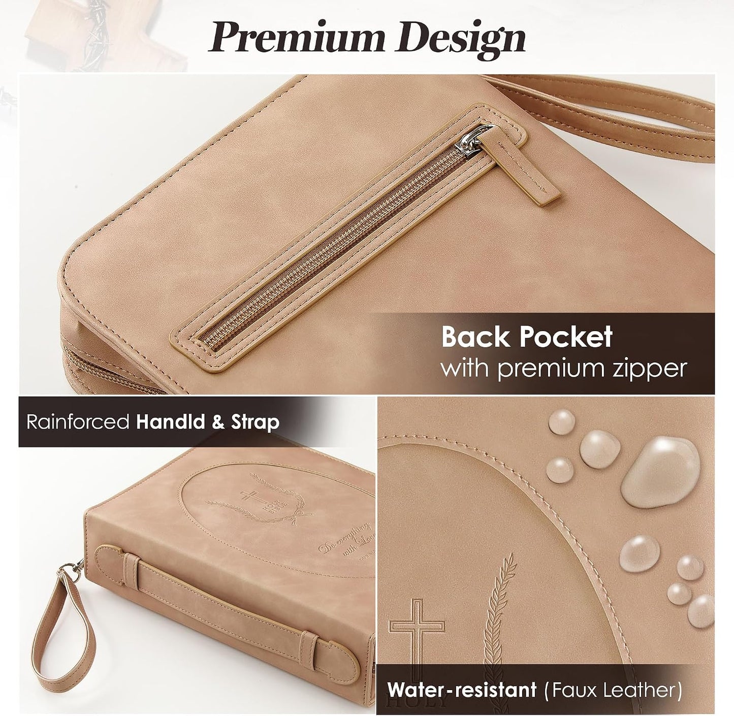 Leather Bible Cover for Women, Floral Bible Case with Handle, Light Brown | Bible Study, Church, Journaling & Travel