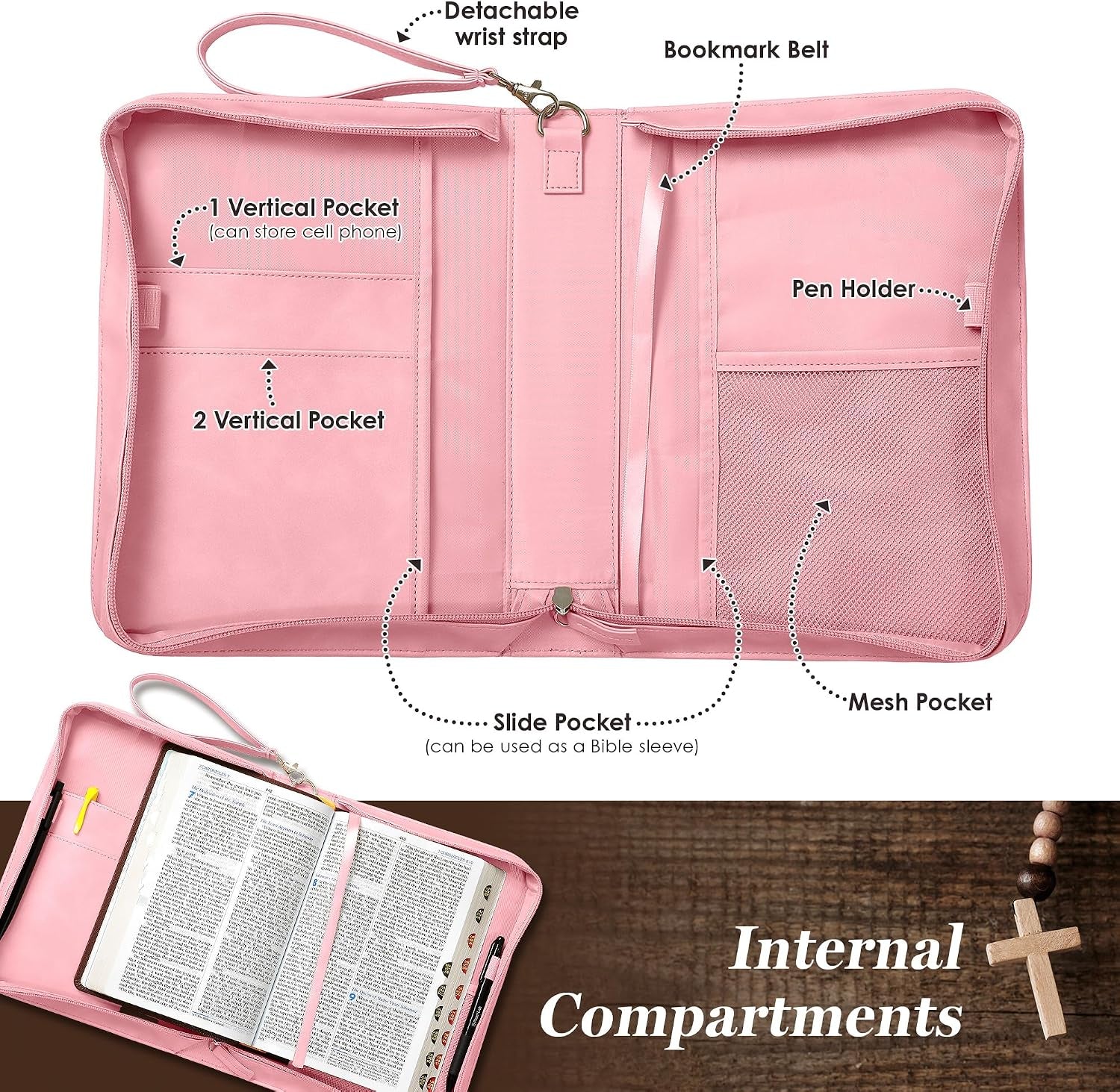 Leather Bible Cover for Women, Zippered Floral Bible Case with Handle, Pink | Bible Study, Church, Journaling & Travel