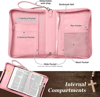 Leather Bible Cover for Women, Zippered Floral Bible Case with Handle, Pink | Bible Study, Church, Journaling & Travel