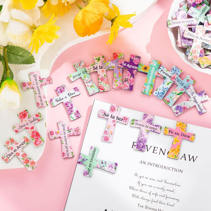 48 Pcs Spanish Magnetic Cross Bookmarks Bible Verse Christian | Floral Cross Design with Scripture, Church Study Devotion Gift, Bulk Set for Women Mothers, Bible Page Markers