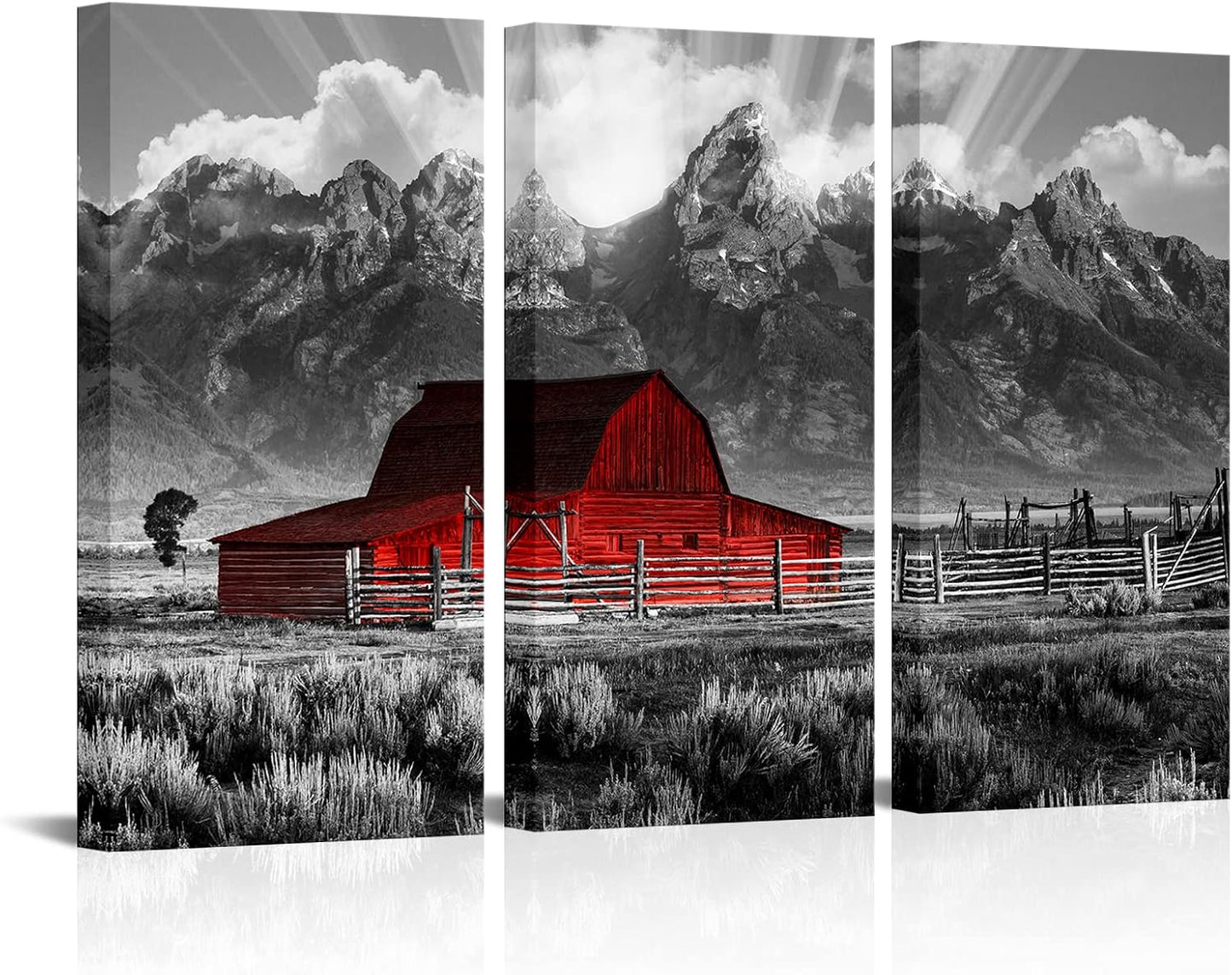 Grand Teton Pictures Wyoming Landscape Paintings Black and White Moulton Barn Wall Art National Park Canvas Artwork for Living Room Farmhouse Decor FRAMED 16''X32''X3Pcs