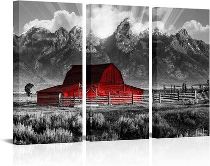 Grand Teton Pictures Wyoming Landscape Paintings Black and White Moulton Barn Wall Art National Park Canvas Artwork for Living Room Farmhouse Decor FRAMED 16''X32''X3Pcs