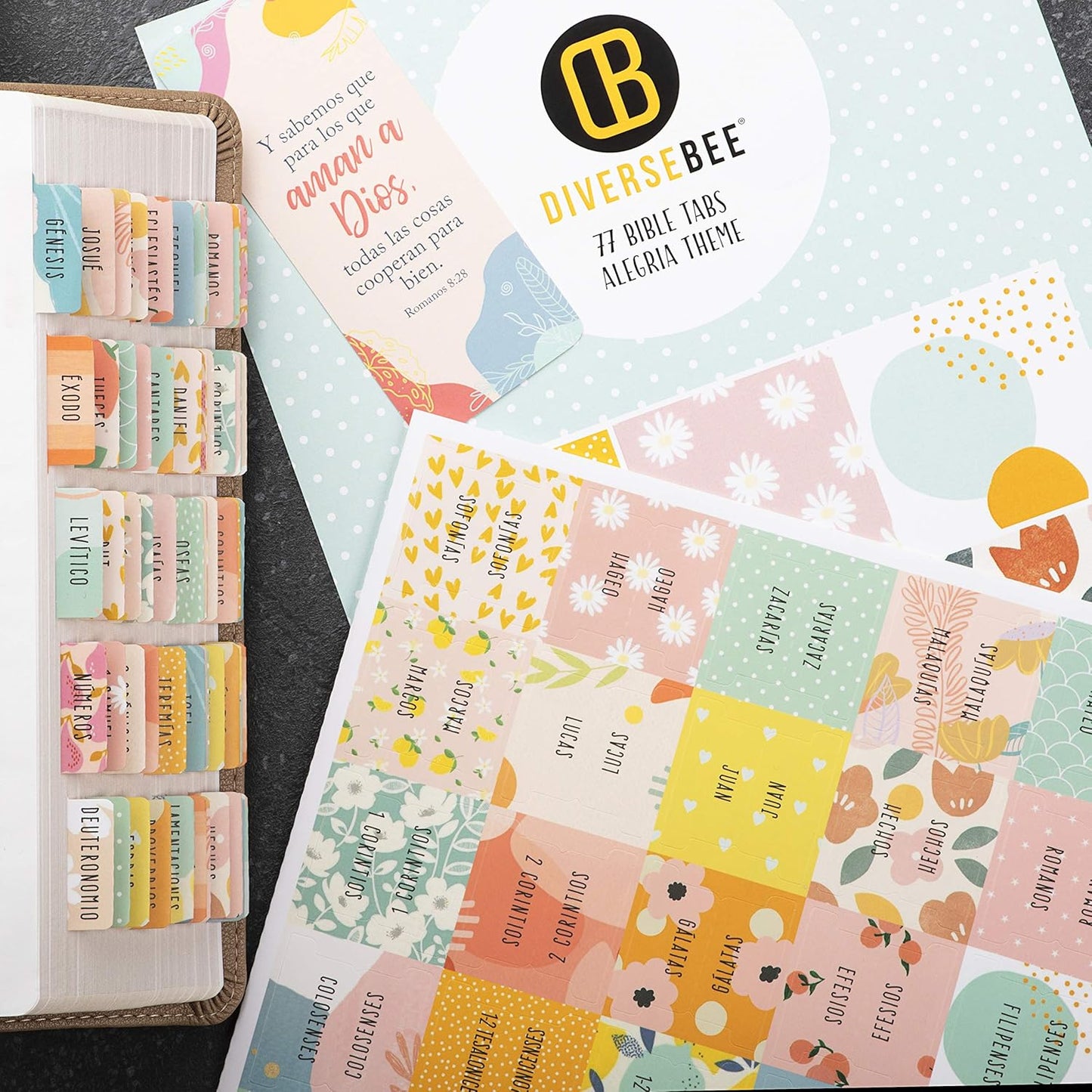Spanish Bible Tabs (Large Print, Easy to Read), Pestañas Para Biblia En Español, Bible Journaling Supplies, 66 Separadores De Biblia Includes Catholic Books and 9 Blank Tabs - Alegria Theme