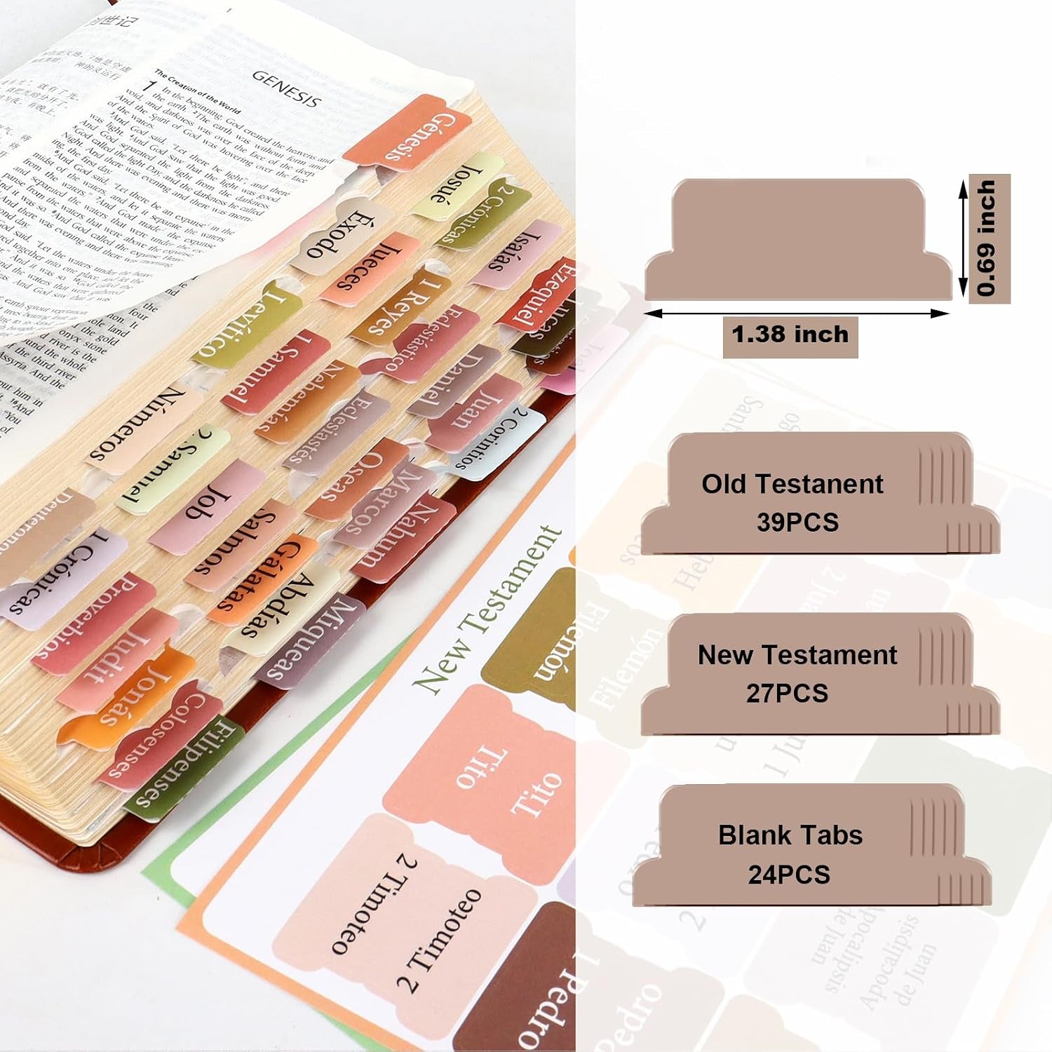 90Pcs Spanish Bible Tabs for Women, Bohemian Laminated Index Tabs for Bible | Spanish Ed., 66 Books + 24 Blank, for NIV/KJV/ESV, Water & Stain Resistant, Dual-Sided & Quick-Find, Placement Guide Included