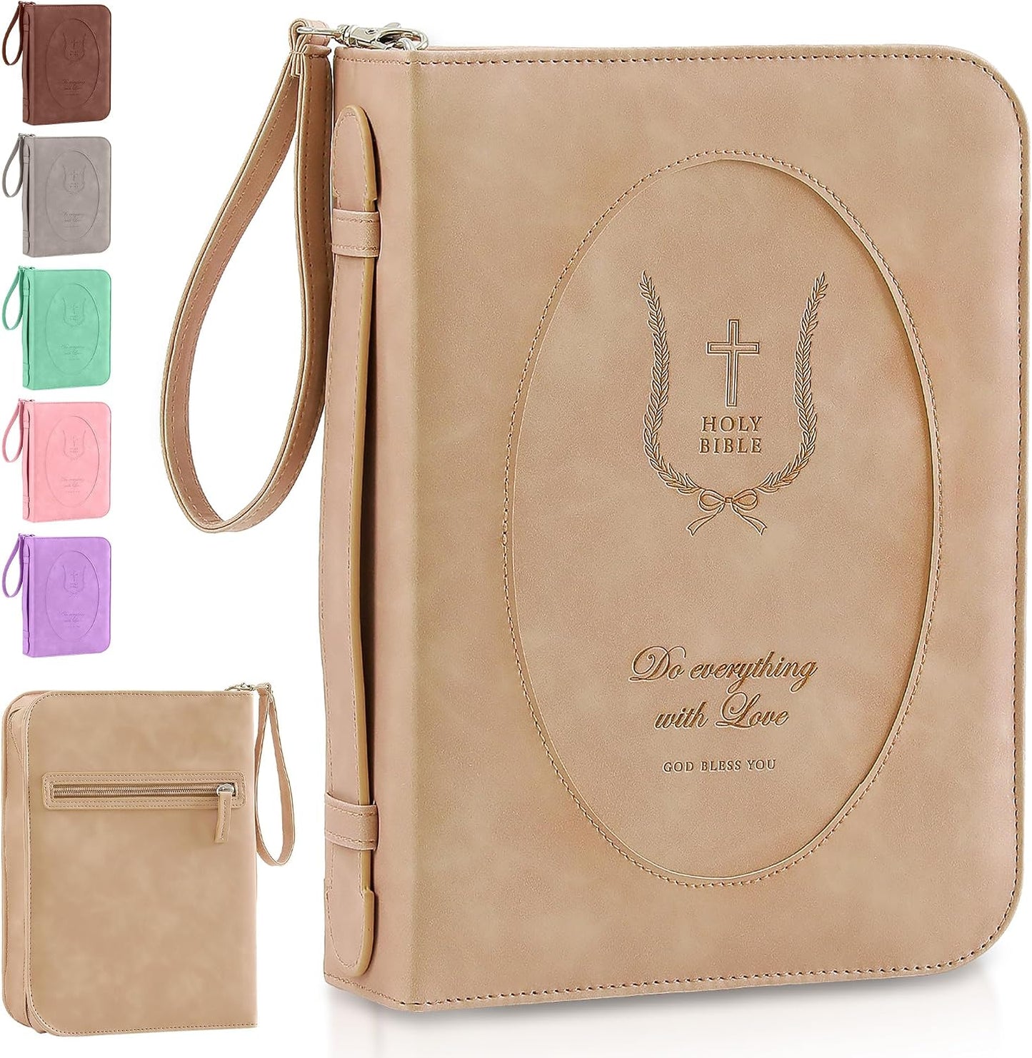 Leather Bible Cover for Women, Floral Bible Case with Handle, Light Brown | Bible Study, Church, Journaling & Travel