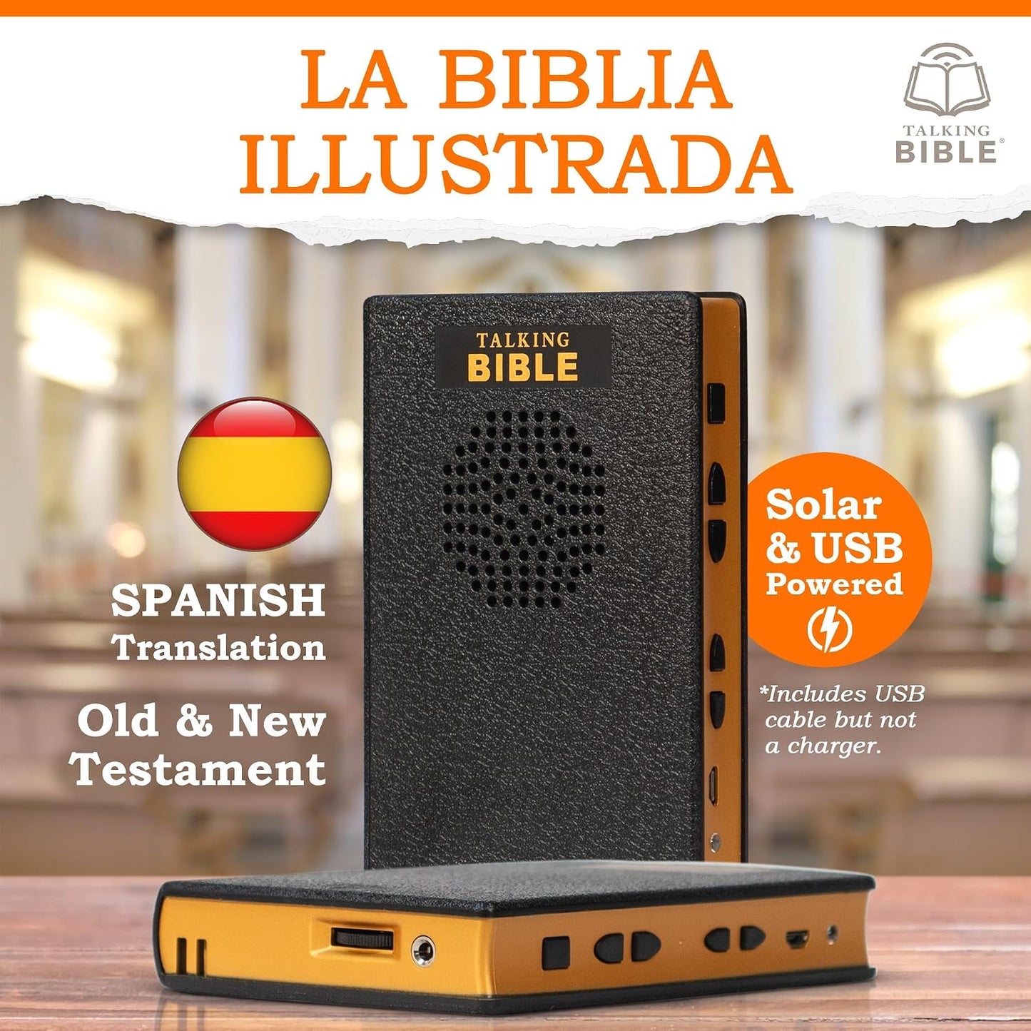 Electronic Holy Bible Audio Player in English for Seniors, Kids and the Blind, Black (Spanish-Rechargeable)