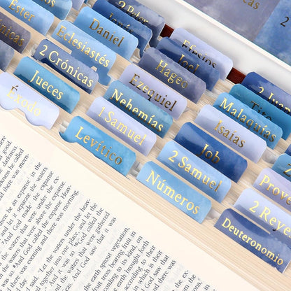 Blue Spanish Bible Tabs for Men, Laminated Tab Dividers for Bible, 90Pcs | Spanish Ed., 66 Books + 24 Blank, for NIV/KJV/ESV, Dual-Sided Gold Print & Quick-Find, Water-Resistant, with Placement Guide