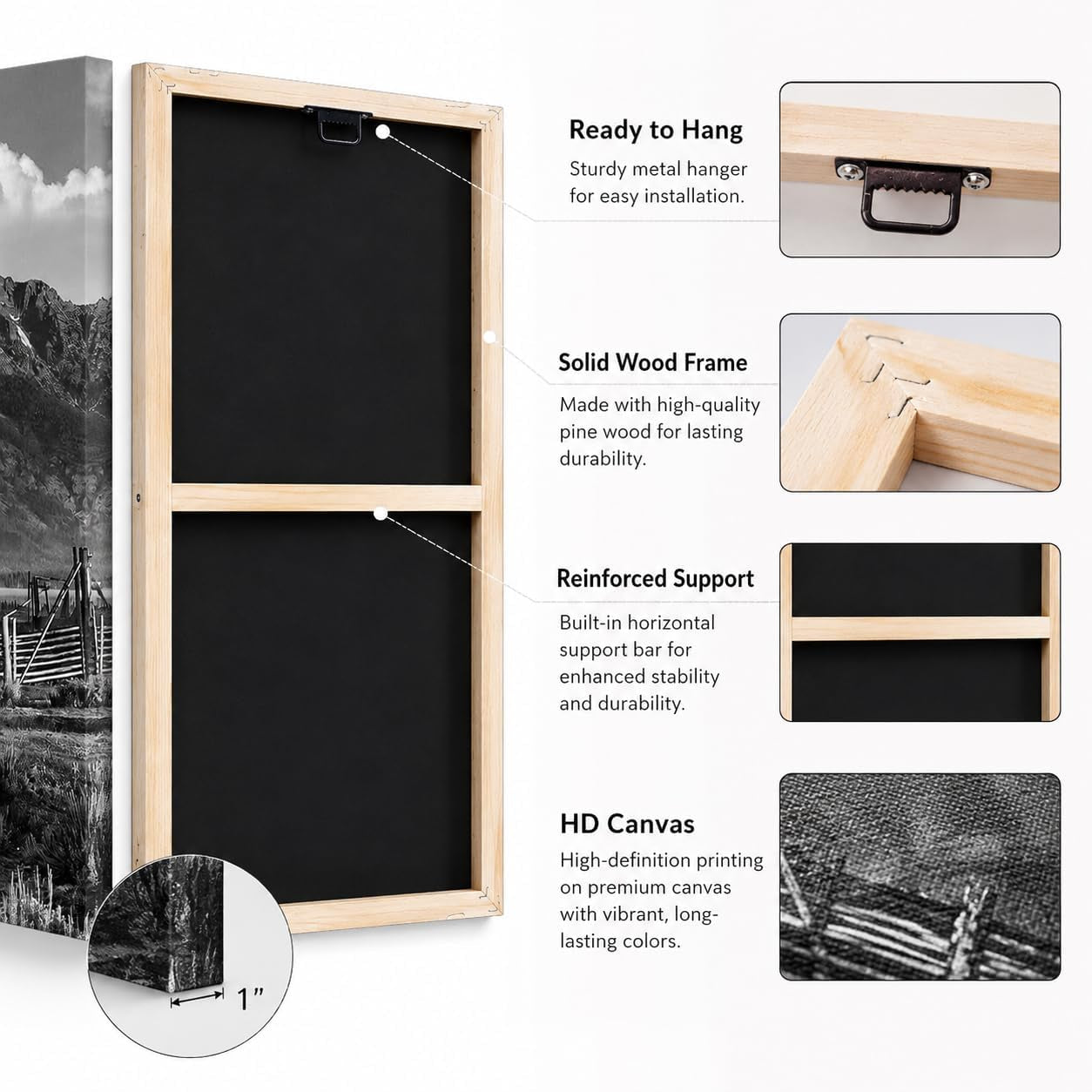 Grand Teton Pictures Wyoming Landscape Paintings Black and White Moulton Barn Wall Art National Park Canvas Artwork for Living Room Farmhouse Decor FRAMED 16''X32''X3Pcs