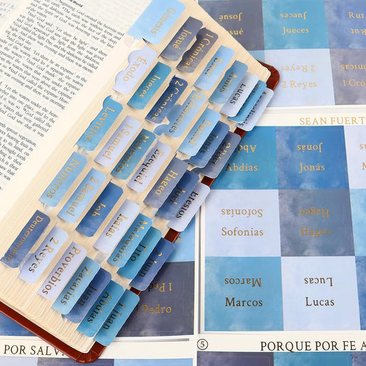 Blue Bible Tabs for Men, Spanish Laminated Index Tabs for Bible Study | Spanish Version, 66 Tags and 24 Blank, Fits NIV/KJV/ESV, Dual-Sided Gold Print & Quick-Find, Water-Resistant, Operating Guide