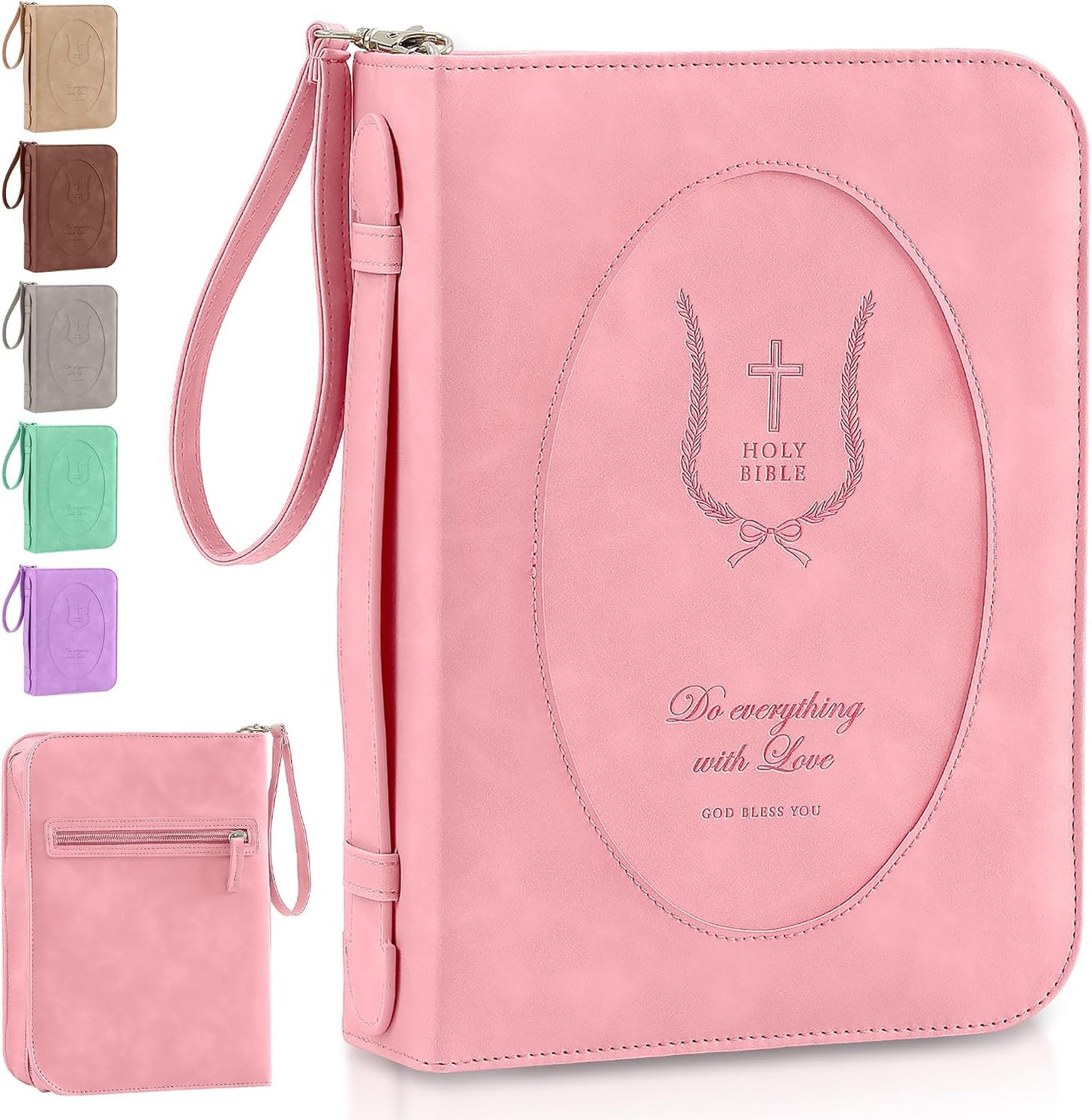 Leather Bible Cover for Women, Zippered Floral Bible Case with Handle, Pink | Bible Study, Church, Journaling & Travel