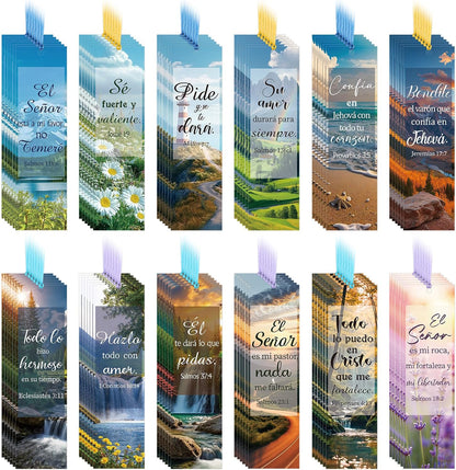 120 Pcs Spanish Bible Verse Bookmarks Christian Separadores De Biblia En Español Landscape Spanish Religious Inspirational Bookmarks with Rope for Book Lover Church Prayer Religious Gift