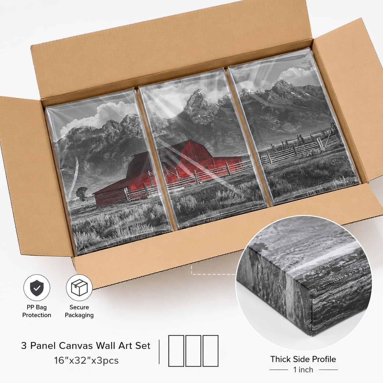 Grand Teton Pictures Wyoming Landscape Paintings Black and White Moulton Barn Wall Art National Park Canvas Artwork for Living Room Farmhouse Decor FRAMED 16''X32''X3Pcs