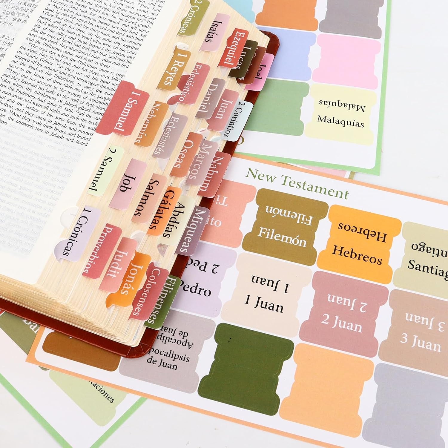 90Pcs Spanish Bible Tabs for Women, Bohemian Laminated Index Tabs for Bible | Spanish Ed., 66 Books + 24 Blank, for NIV/KJV/ESV, Water & Stain Resistant, Dual-Sided & Quick-Find, Placement Guide Included