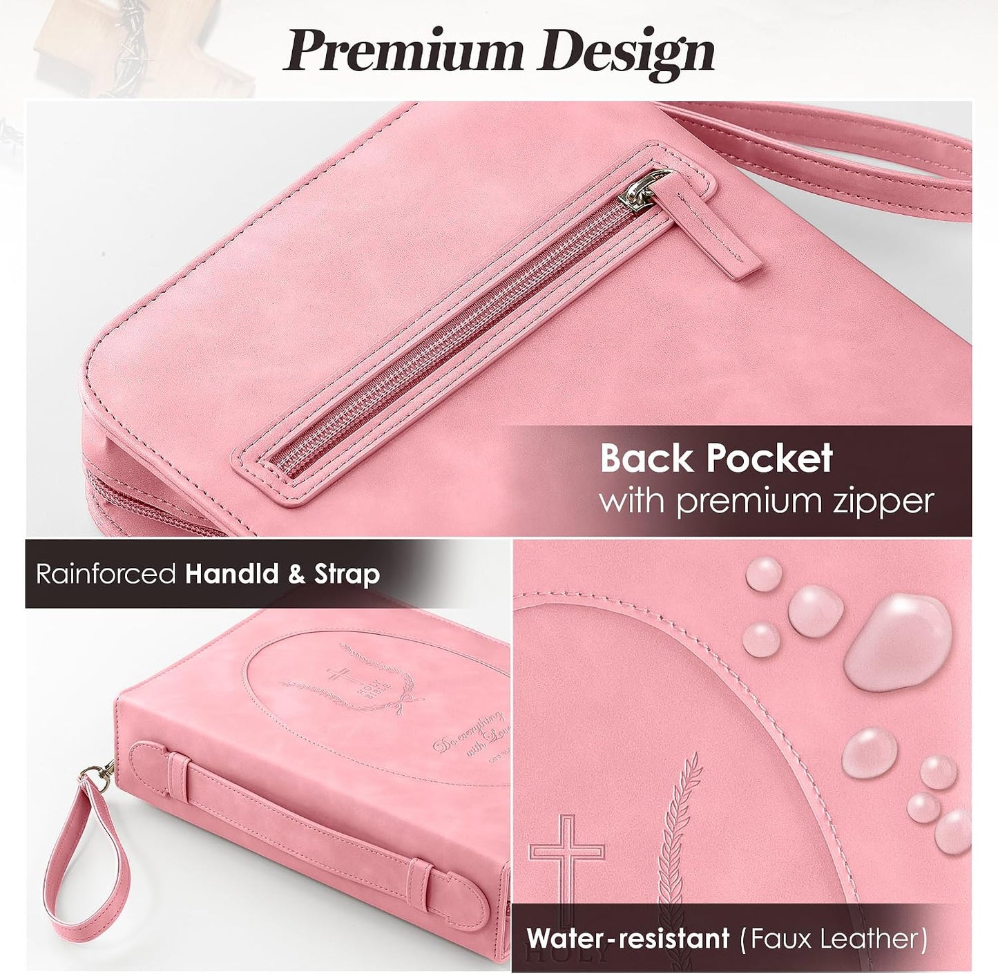 Leather Bible Cover for Women, Zippered Floral Bible Case with Handle, Pink | Bible Study, Church, Journaling & Travel