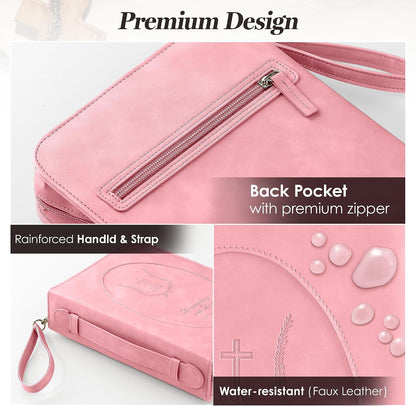 Leather Bible Cover for Women, Zippered Floral Bible Case with Handle, Pink | Bible Study, Church, Journaling & Travel