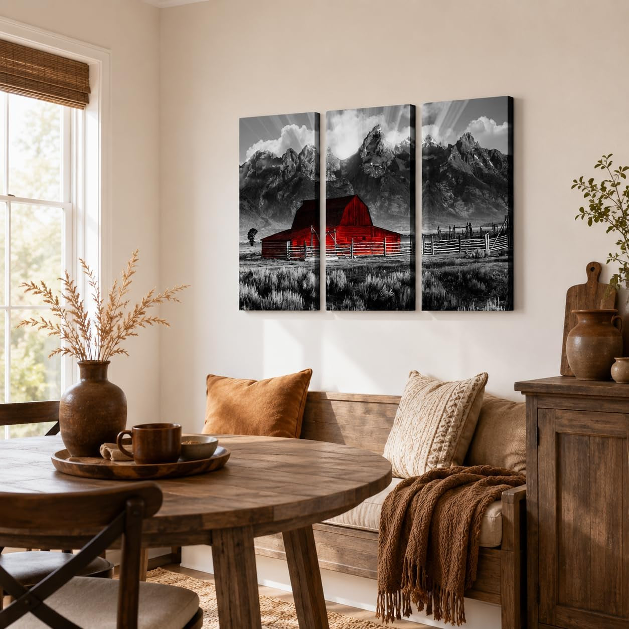 Grand Teton Pictures Wyoming Landscape Paintings Black and White Moulton Barn Wall Art National Park Canvas Artwork for Living Room Farmhouse Decor FRAMED 16''X32''X3Pcs